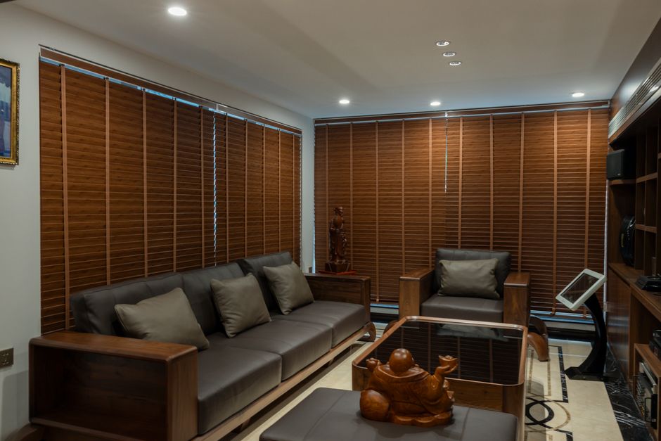 Modern living room with beautiful custom blinds